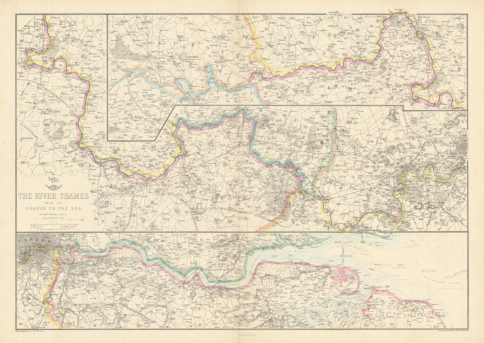 'THE RIVER THAMES FROM ITS SOURCE TO THE SEA'. Thames Valley. WELLER c1863 map